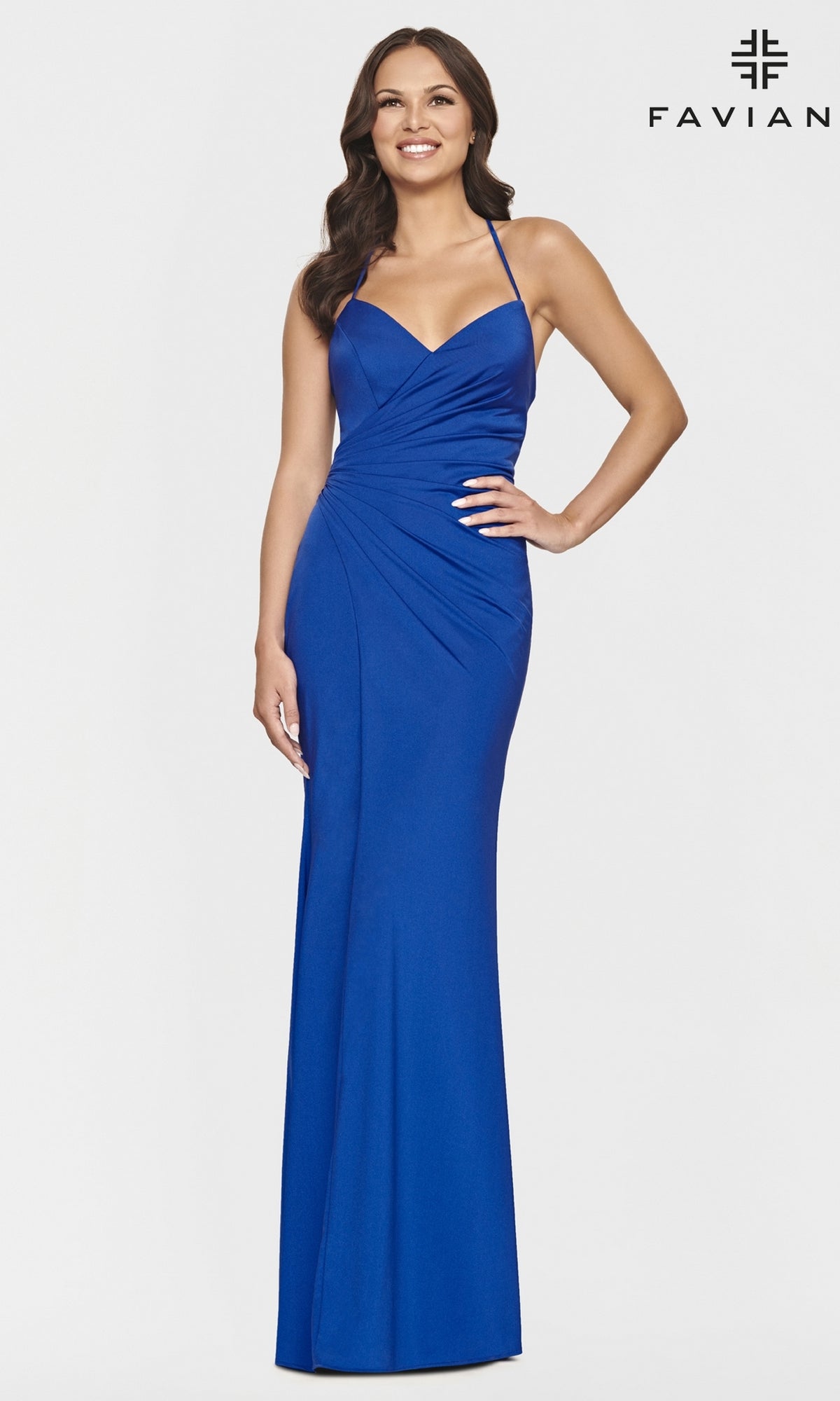 Woman wearing a sleeveless, floor-length Faviana Long Lace-Up-Back Prom Dress in hot pink with thin straps, fitted silhouette, and wrap-style bodice. Faviana logo in upper right corner.
